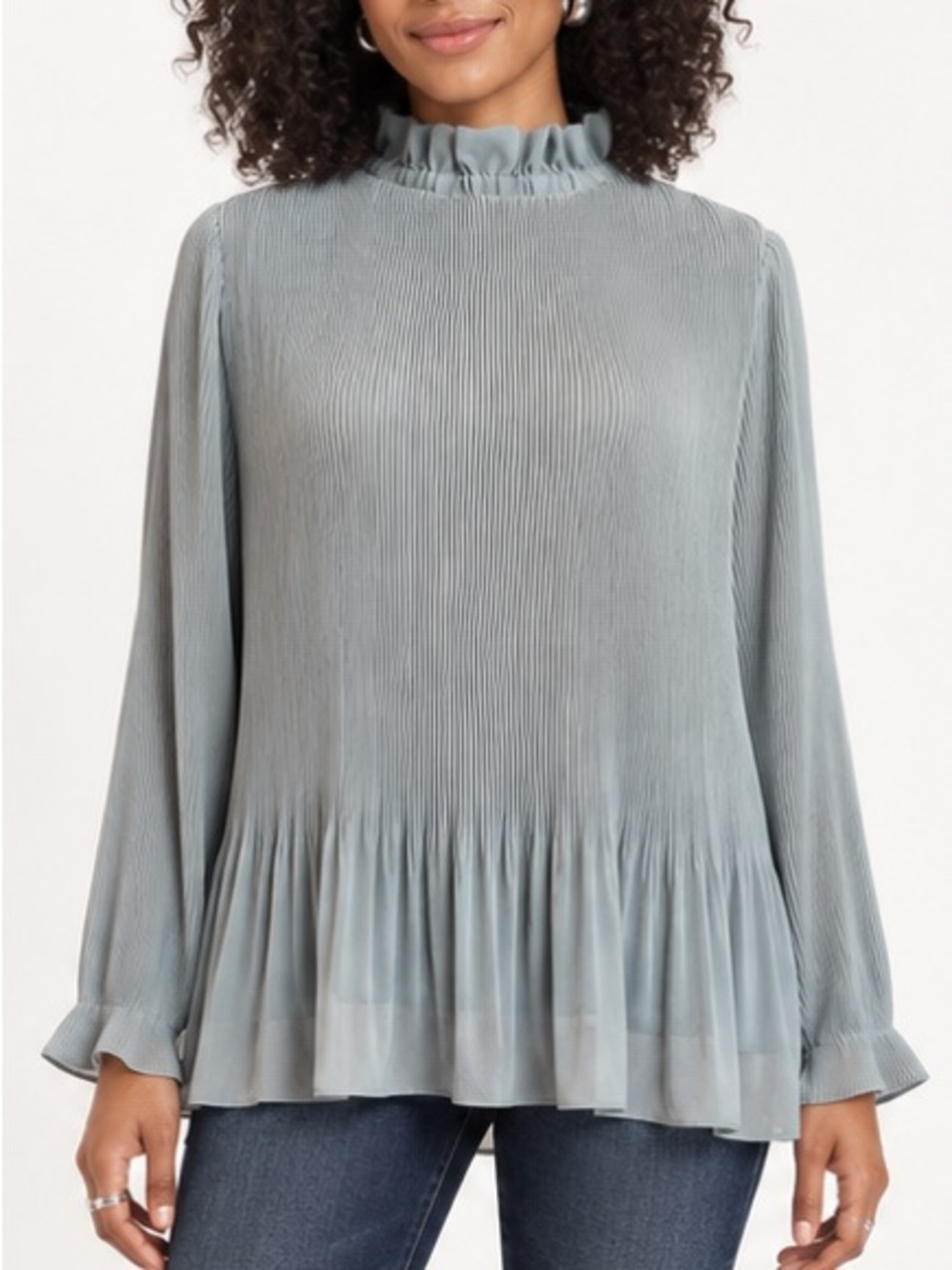 H&M Sage Green Peplum Blouse Pleated Chiffon Ruffle Neck Small